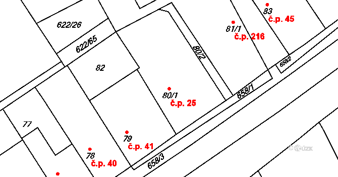Třebestovice 25 na parcele st. 80/1 v KÚ Třebestovice, Katastrální mapa
