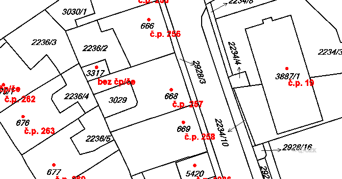 Nové Město 257, Rokycany na parcele st. 668 v KÚ Rokycany, Katastrální mapa