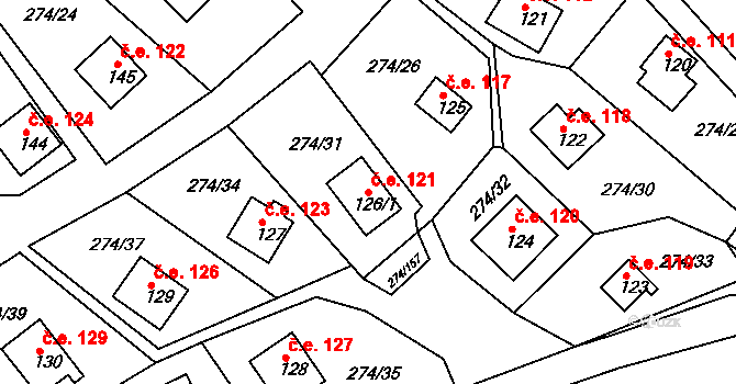 Skalka 121, Cheb na parcele st. 126/1 v KÚ Skalka u Chebu, Katastrální mapa