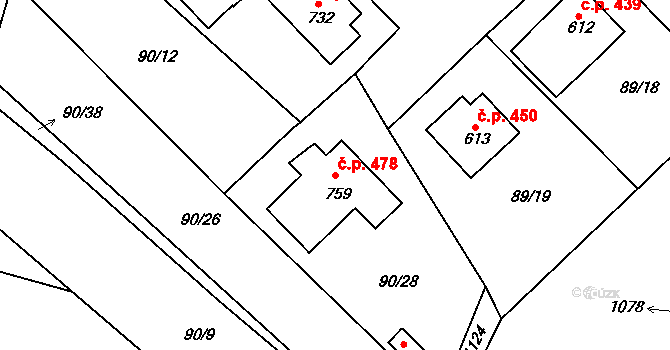 Sendražice 478, Kolín na parcele st. 759 v KÚ Sendražice u Kolína, Katastrální mapa