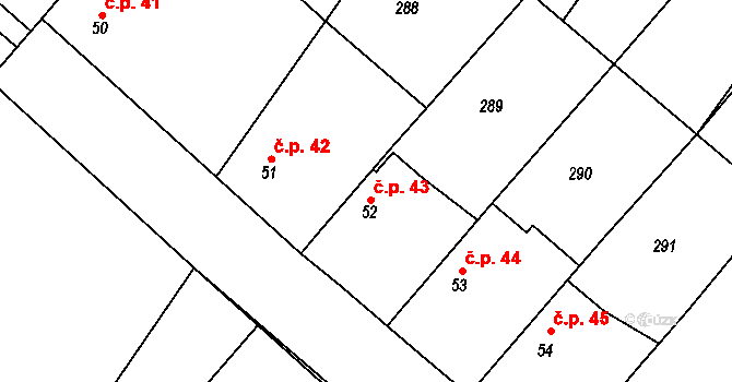 Mlékovice 43, Toušice na parcele st. 52 v KÚ Mlékovice, Katastrální mapa