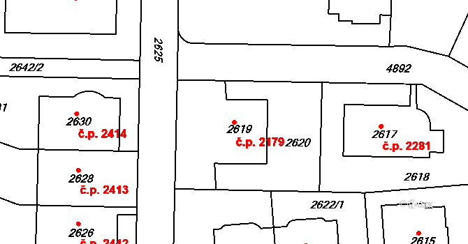 Smíchov 2179, Praha na parcele st. 2619 v KÚ Smíchov, Katastrální mapa