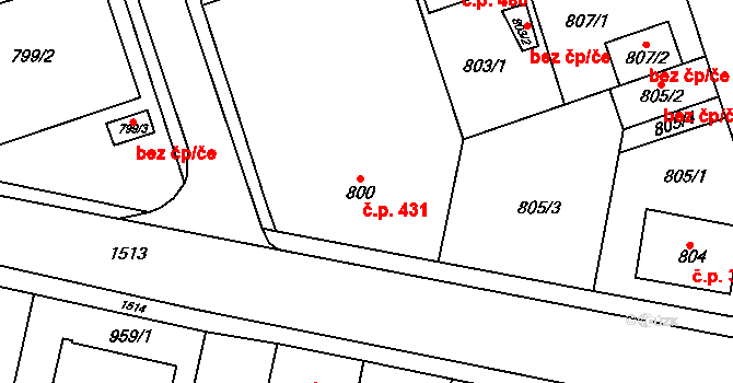 Čakovice 431, Praha na parcele st. 800 v KÚ Čakovice, Katastrální mapa