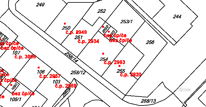Chomutov 2963 na parcele st. 254 v KÚ Chomutov II, Katastrální mapa