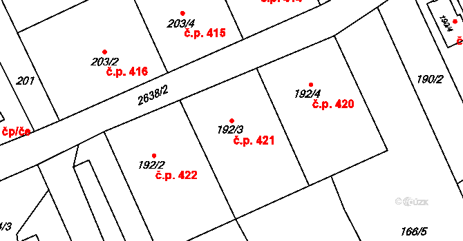 Prostřední Suchá 421, Havířov na parcele st. 192/3 v KÚ Prostřední Suchá, Katastrální mapa