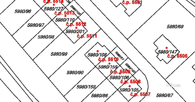 Chomutov 5510 na parcele st. 5980/108 v KÚ Chomutov I, Katastrální mapa