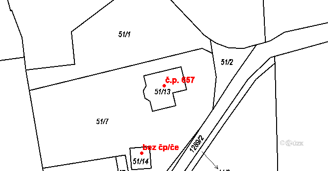 Tuchlovice 657 na parcele st. 51/13 v KÚ Tuchlovice, Katastrální mapa