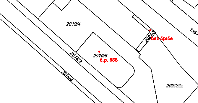 Jemnice 688 na parcele st. 2019/5 v KÚ Jemnice, Katastrální mapa