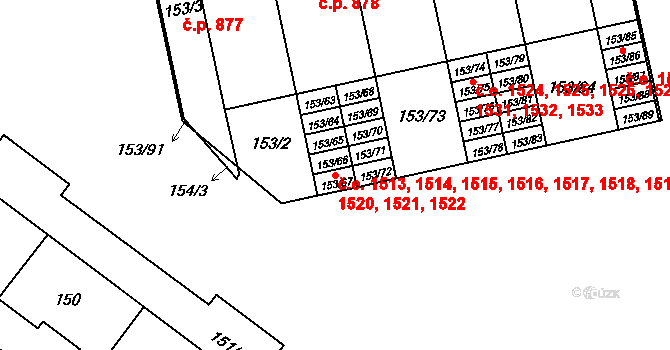 Lesná 1513,1514,1515,1516,, Brno na parcele st. 153/63 v KÚ Lesná, Katastrální mapa