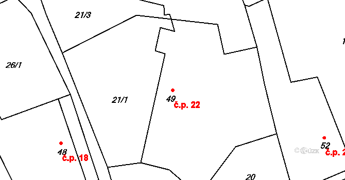 Olší nad Oslavou 22, Velké Meziříčí na parcele st. 49 v KÚ Olší nad Oslavou, Katastrální mapa