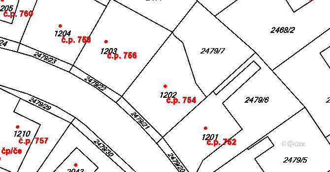 Valašské Klobouky 754 na parcele st. 1202 v KÚ Valašské Klobouky, Katastrální mapa