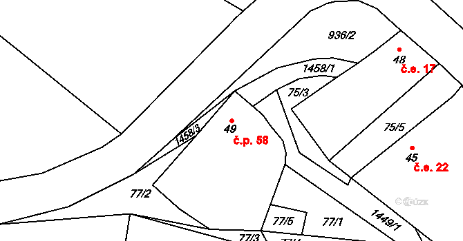Hradecko 58, Kralovice na parcele st. 49 v KÚ Hradecko, Katastrální mapa