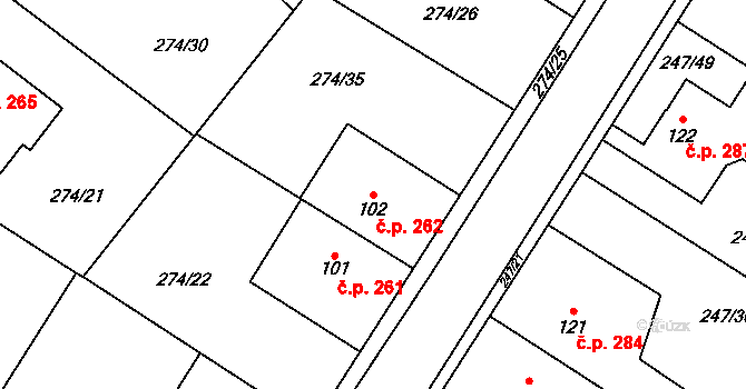 Tuchoměřice 262 na parcele st. 102 v KÚ Kněžívka, Katastrální mapa
