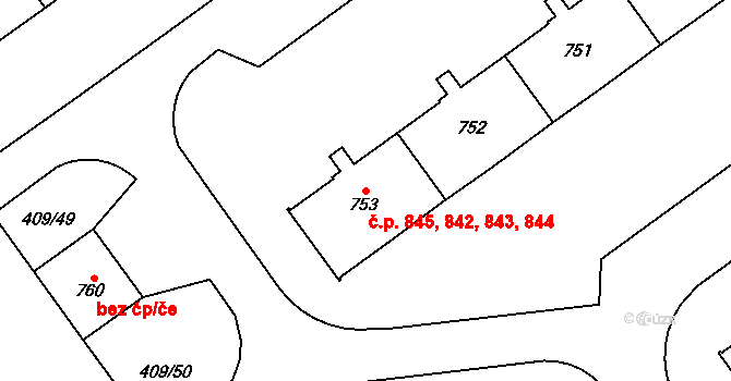 Studánka 842,843,844,845, Pardubice na parcele st. 753 v KÚ Studánka, Katastrální mapa