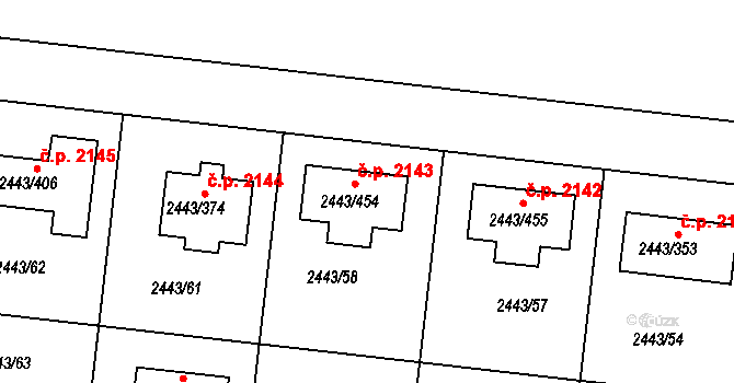 Roztoky 2143 na parcele st. 2443/454 v KÚ Roztoky u Prahy, Katastrální mapa