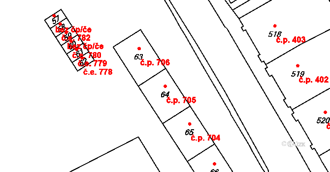 Kopřivnice 705 na parcele st. 64 v KÚ Kopřivnice, Katastrální mapa