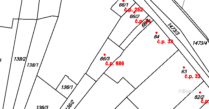 Kvasice 686 na parcele st. 66/3 v KÚ Kvasice, Katastrální mapa