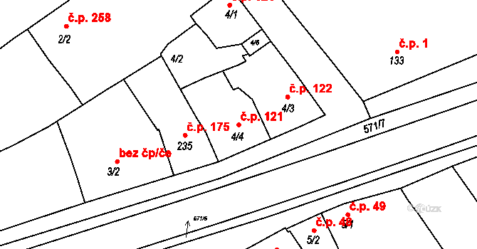 Hrubčice 121 na parcele st. 4/4 v KÚ Hrubčice, Katastrální mapa