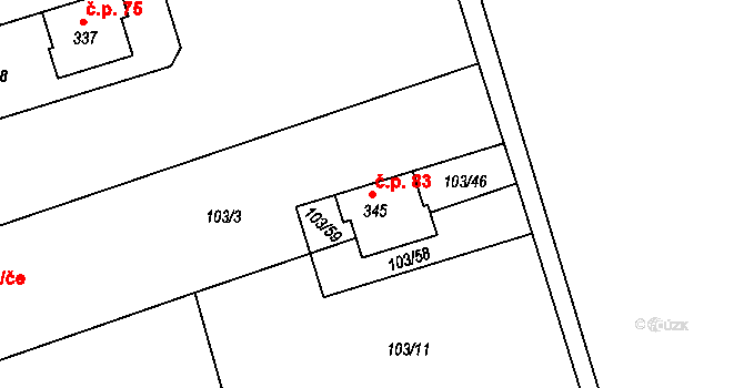 Kasárna 83, Znojmo na parcele st. 345 v KÚ Mramotice, Katastrální mapa