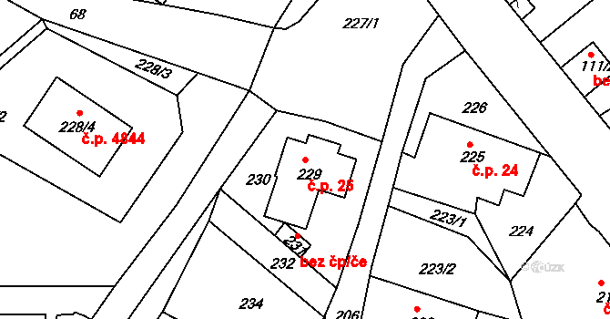 Rýnovice 25, Jablonec nad Nisou na parcele st. 229 v KÚ Rýnovice, Katastrální mapa