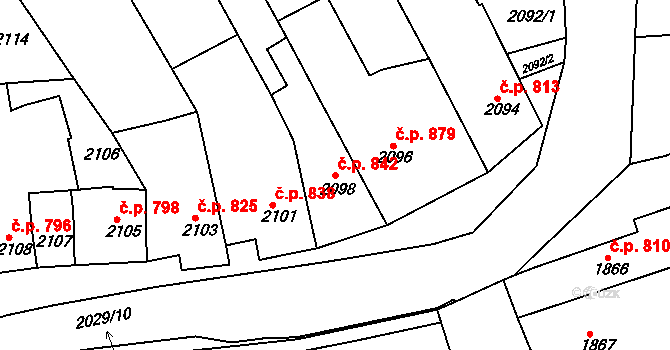 Slavíkovice 842, Rousínov na parcele st. 2098 v KÚ Rousínov u Vyškova, Katastrální mapa