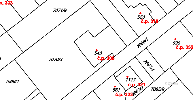 Slavonice 308 na parcele st. 540 v KÚ Slavonice, Katastrální mapa