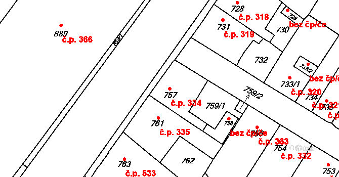 Kosmonosy 334 na parcele st. 757 v KÚ Kosmonosy, Katastrální mapa