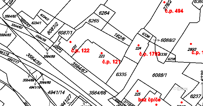 Rožnov pod Radhoštěm 121 na parcele st. 223 v KÚ Rožnov pod Radhoštěm, Katastrální mapa