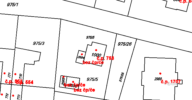 Rožnov pod Radhoštěm 758 na parcele st. 1000 v KÚ Rožnov pod Radhoštěm, Katastrální mapa