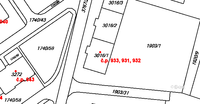 Žichlínské Předměstí 931,932,933, Lanškroun na parcele st. 3016/1 v KÚ Lanškroun, Katastrální mapa