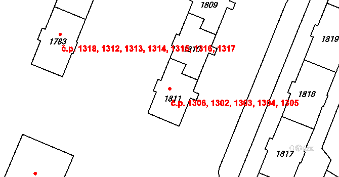 Kadaň 1302,1303,1304,1305, na parcele st. 1811 v KÚ Kadaň, Katastrální mapa