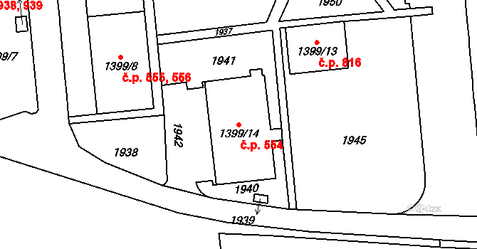 Štýřice 554, Brno na parcele st. 1399/14 v KÚ Štýřice, Katastrální mapa