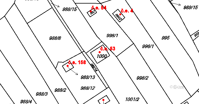 Soběšice 53, Brno na parcele st. 1000 v KÚ Soběšice, Katastrální mapa