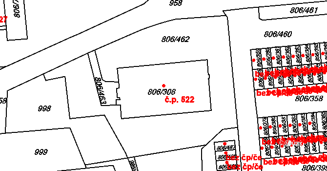 Malešice 522, Praha na parcele st. 806/308 v KÚ Malešice, Katastrální mapa