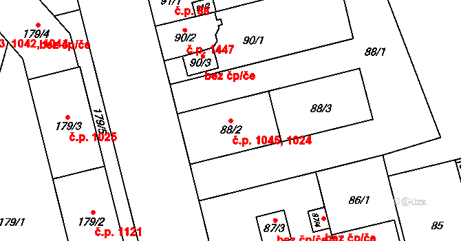 Doubravka 1024,1045, Plzeň na parcele st. 88/3 v KÚ Doubravka, Katastrální mapa