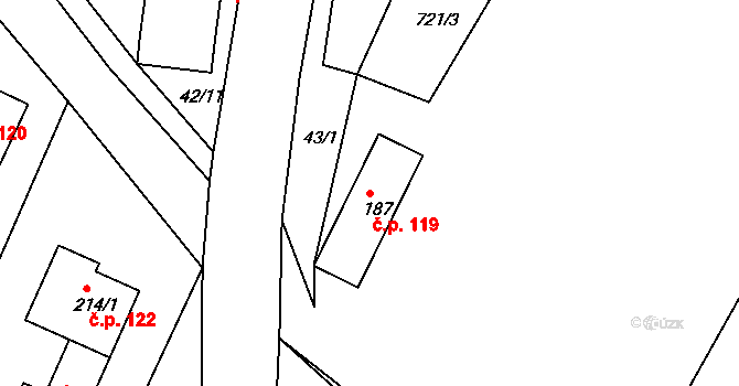 Horní Kounice 119 na parcele st. 187 v KÚ Horní Kounice, Katastrální mapa