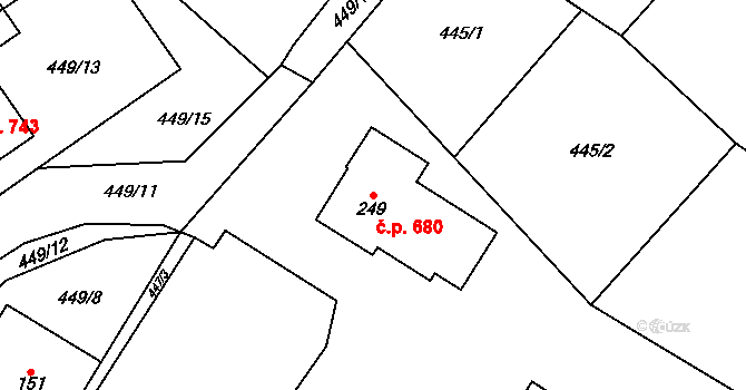 Chvalčov 680 na parcele st. 249 v KÚ Chvalčova Lhota, Katastrální mapa