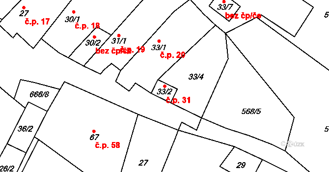Dobkovičky 31, Velemín na parcele st. 33/2 v KÚ Dobkovičky, Katastrální mapa