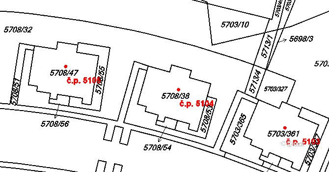 Jihlava 5104 na parcele st. 5708/38 v KÚ Jihlava, Katastrální mapa