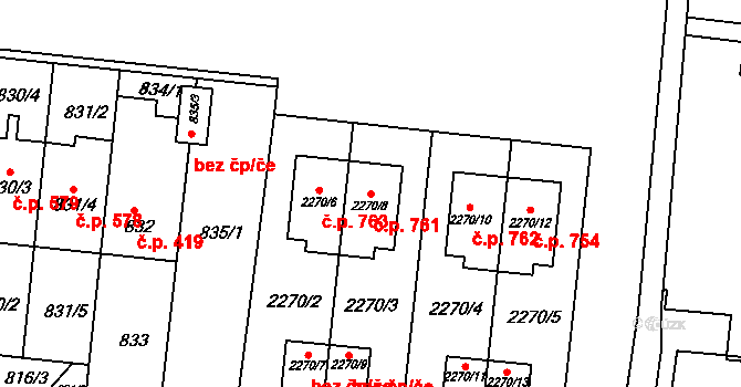 Bohunice 761, Brno na parcele st. 2270/8 v KÚ Bohunice, Katastrální mapa
