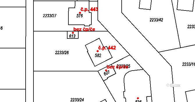 Nezamyslice 442 na parcele st. 582 v KÚ Nezamyslice nad Hanou, Katastrální mapa