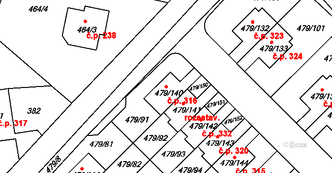 Třeboradice 316, Praha na parcele st. 479/140 v KÚ Třeboradice, Katastrální mapa