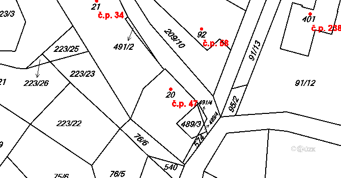 Kostelec u Křížků 47 na parcele st. 20 v KÚ Kostelec u Křížků, Katastrální mapa
