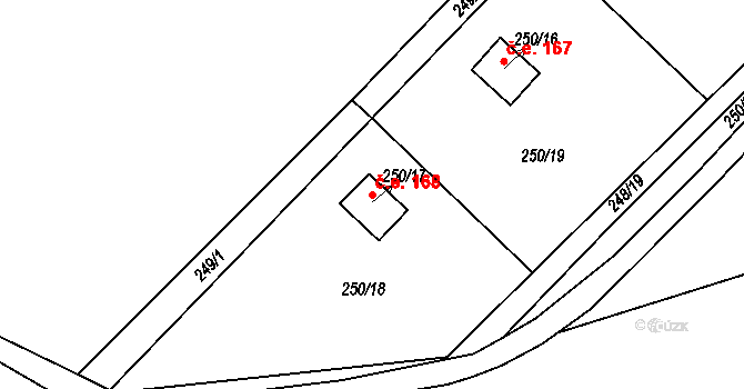 Tušimice 168, Kadaň na parcele st. 250/17 v KÚ Tušimice, Katastrální mapa
