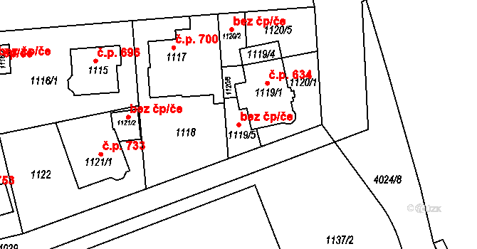 Praha 41501349 na parcele st. 1119/5 v KÚ Modřany, Katastrální mapa