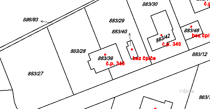 Holubice 346 na parcele st. 883/39 v KÚ Holubice, Katastrální mapa