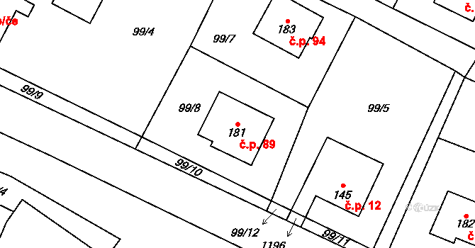 Perálec 89 na parcele st. 181 v KÚ Perálec, Katastrální mapa