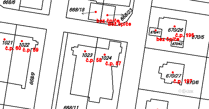 Poběžovice 57 na parcele st. 1024 v KÚ Poběžovice u Domažlic, Katastrální mapa