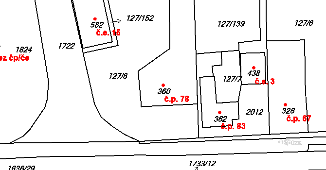 Trhanov 78 na parcele st. 360 v KÚ Trhanov, Katastrální mapa
