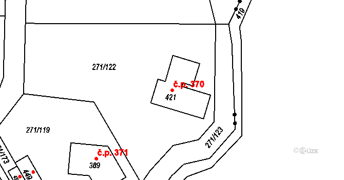 Minkovice 370, Šimonovice na parcele st. 421 v KÚ Minkovice, Katastrální mapa